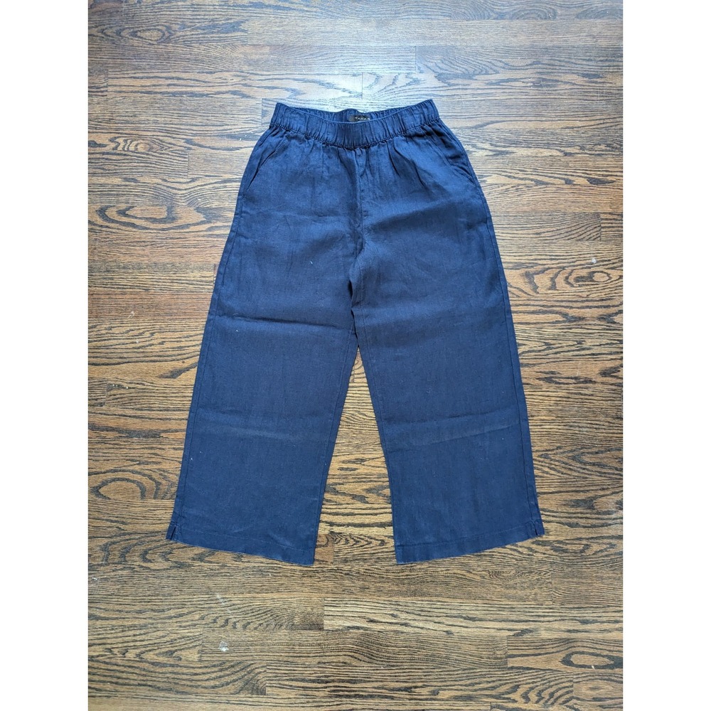 Tahari Navy Blu 100% Linen Wide Leg Cropped Pants Size S Small Lagenlook Pockets